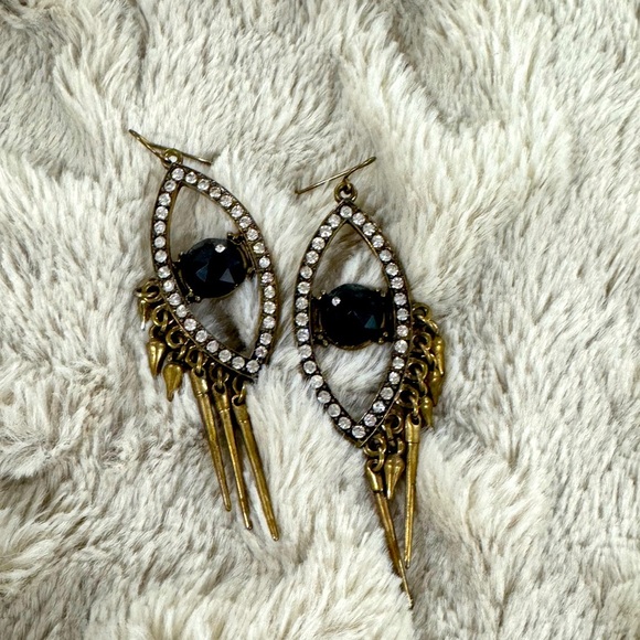 Jewelry - Edgy Rhinestone & Spike Drop Earrings | Black Gem & Antique Gold